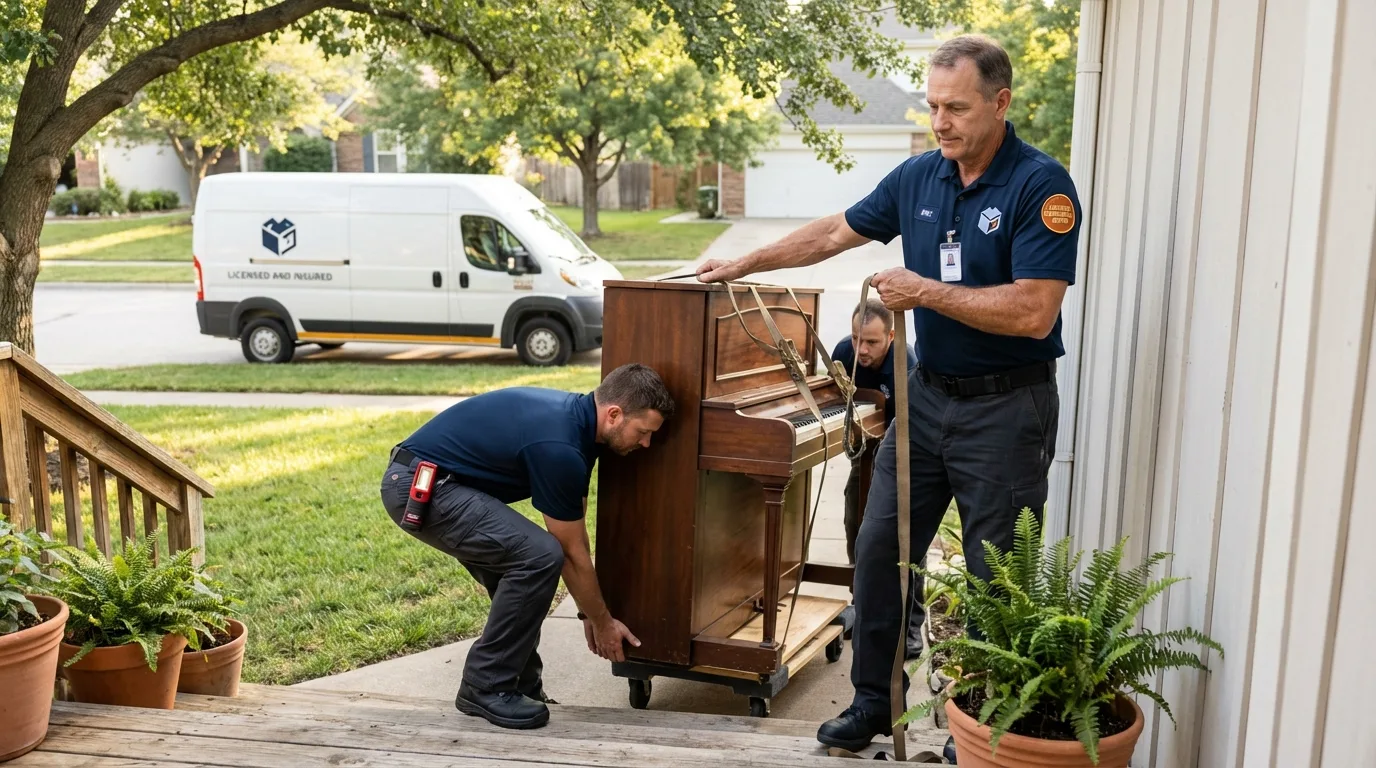 Licensed piano movers securing grand piano in Scottdale, GA