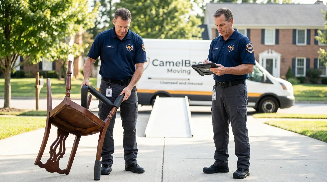 Movers inspecting furniture for damage prevention before loading in Scottdale, GA