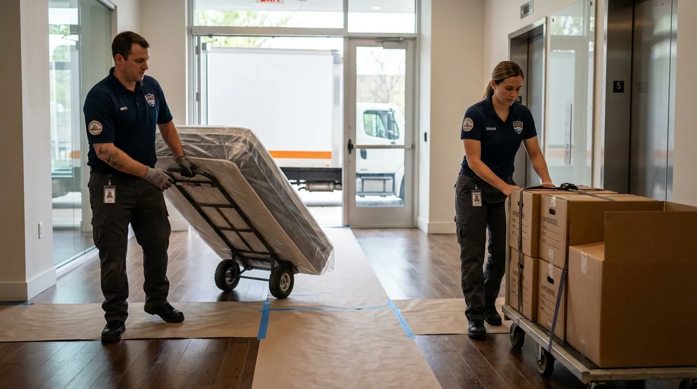 Professional apartment movers loading elevator in Scottdale, GA