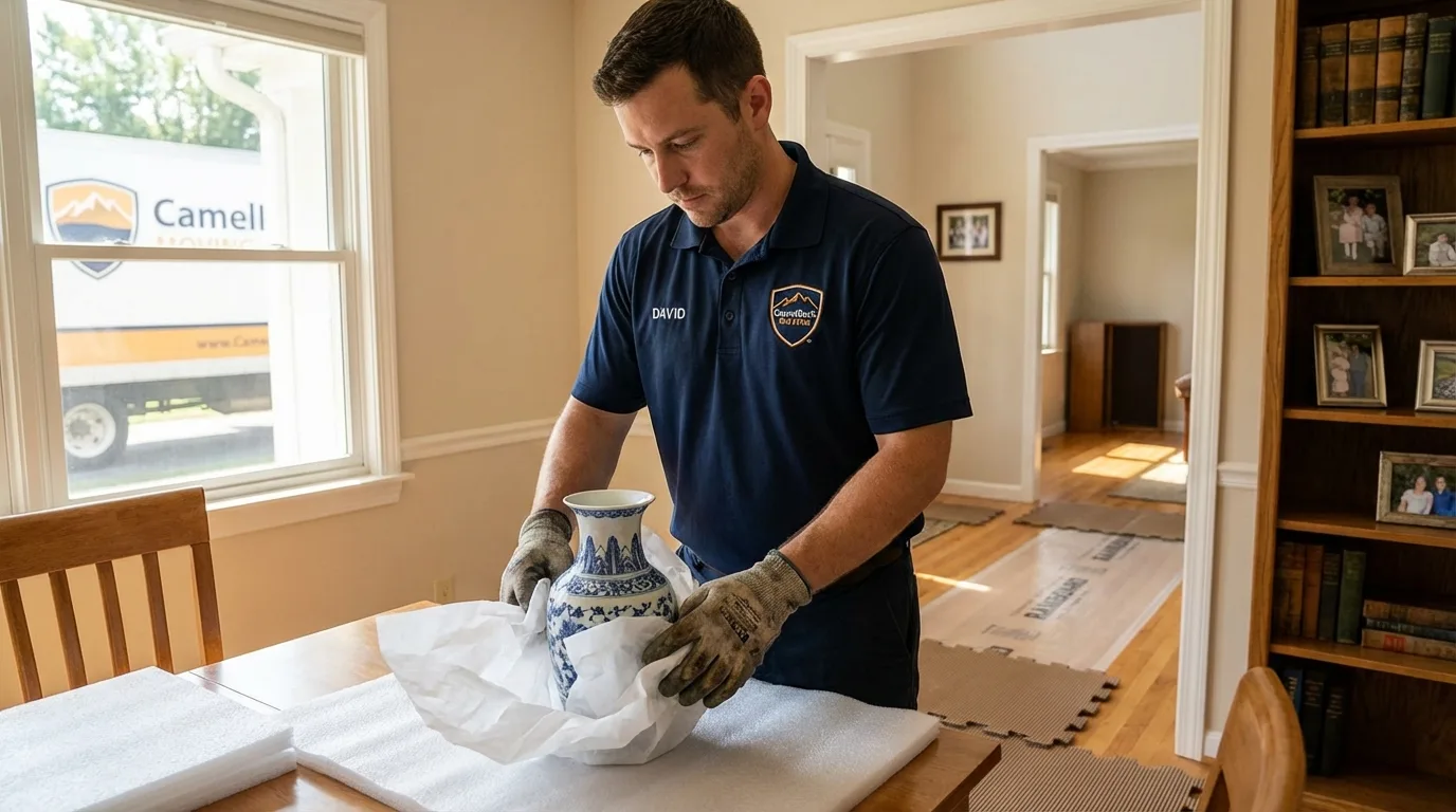 Professional crew carefully wrapping antique vase for senior downsizing move in Scottdale, GA